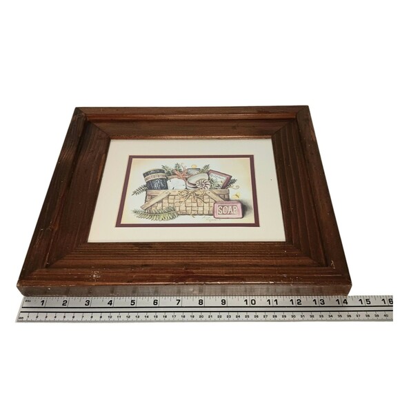 Vintage Laurie Korsgaden Bath Gift Basket Print #2 Matted Brown Wood Frame 14x12 - Picture 7 of 11